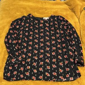 Loft Plus Blouse Size 18 Ruffled Cuffs Pink Flowers with Gold Thread